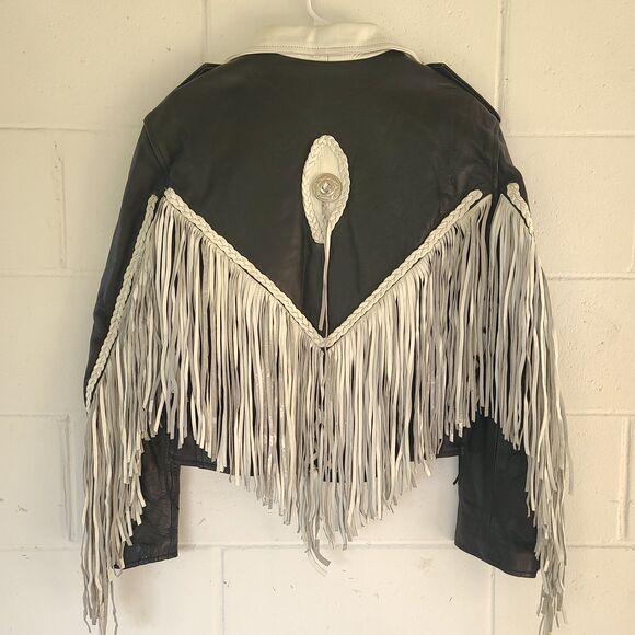 VTG Leather King Black & White Fringe Moto Jacket Braided Western Biker Women XL - Picture 15 of 16